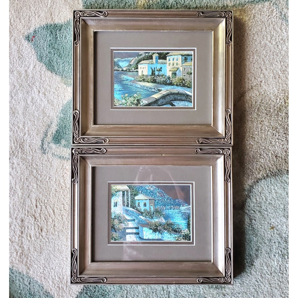2 VTG Mediterranean Sea Side Foil Art Prints Silver Tone Ornate Frames DBL Mat
